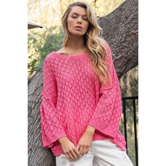 POL Sweaters - POL Hot Pink Crochet & Rib Knit Oversized Transitional Sweater